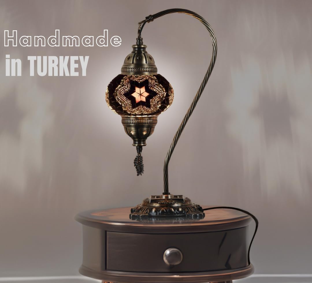 DEMMEX Turkish Moroccan Mosaic Table Lamp – Handcrafted Tiffany-Style Colorful Glass Swan Neck Bedside, Desk, Table Light, Boho Artisan Accent Lighting for Bedroom or Living Room – 15" H, Black White