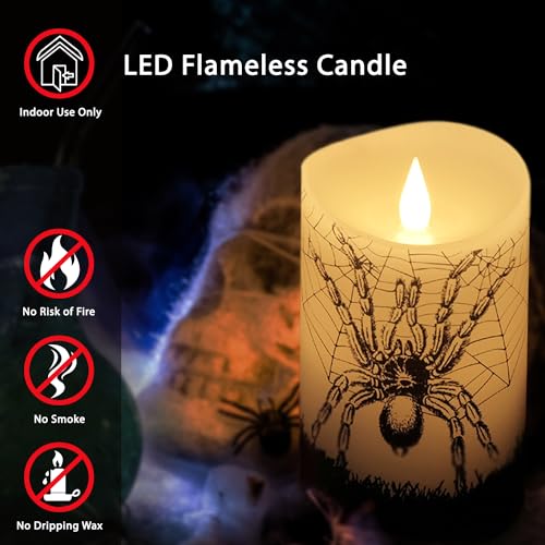 Softflame Halloween Flameless LED Candles with Remote Control, 3"x 5"Battery Operated Pillar Real Wax with Timer for Halloween Decorations, Spider Candle