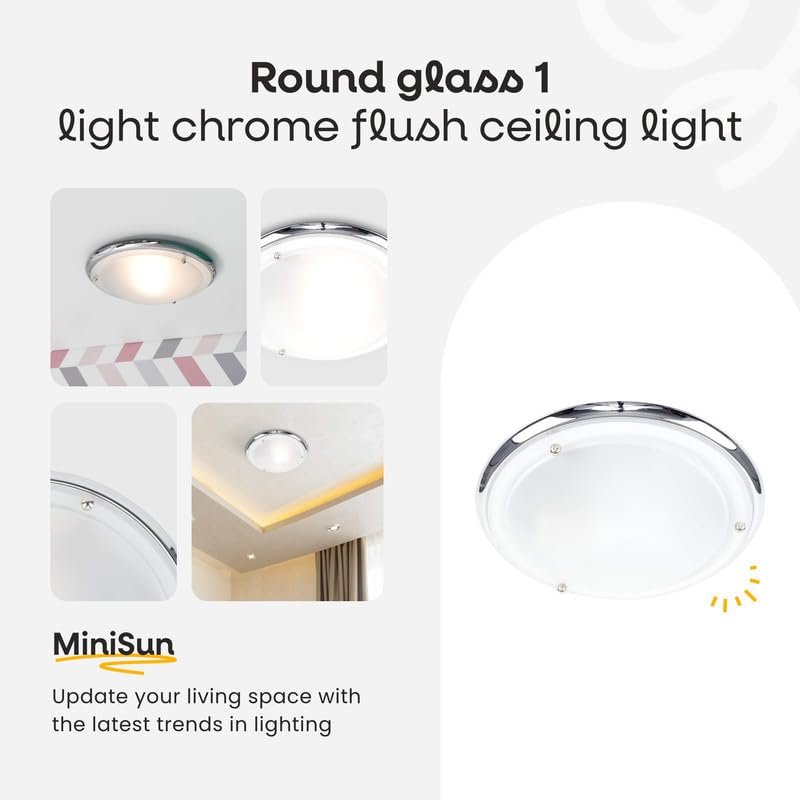 MiniSun | Modern Silver Chrome and Glass Flush Ceiling Light | Bath Ceiling Lights, Home Décor & Improvement Essential