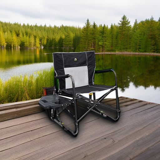 GCI Outdoor Freestyle Rocker XL with Side Table Camping Chair | Portable Folding Rocking Chair with Solid, Durable Armrests, Drink Holder & Comfortable Backrest — Black