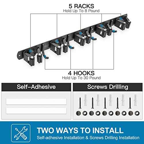 IMILLET 2 Pack Broom and Mop Holder Wall Mounted, Broom Holder Stainless Steel Broom Organizer Heavy Duty Tools Organizer Self Adhesive for Laundry Room Garage Garden£¨5 Racks and 4 Hooks£©