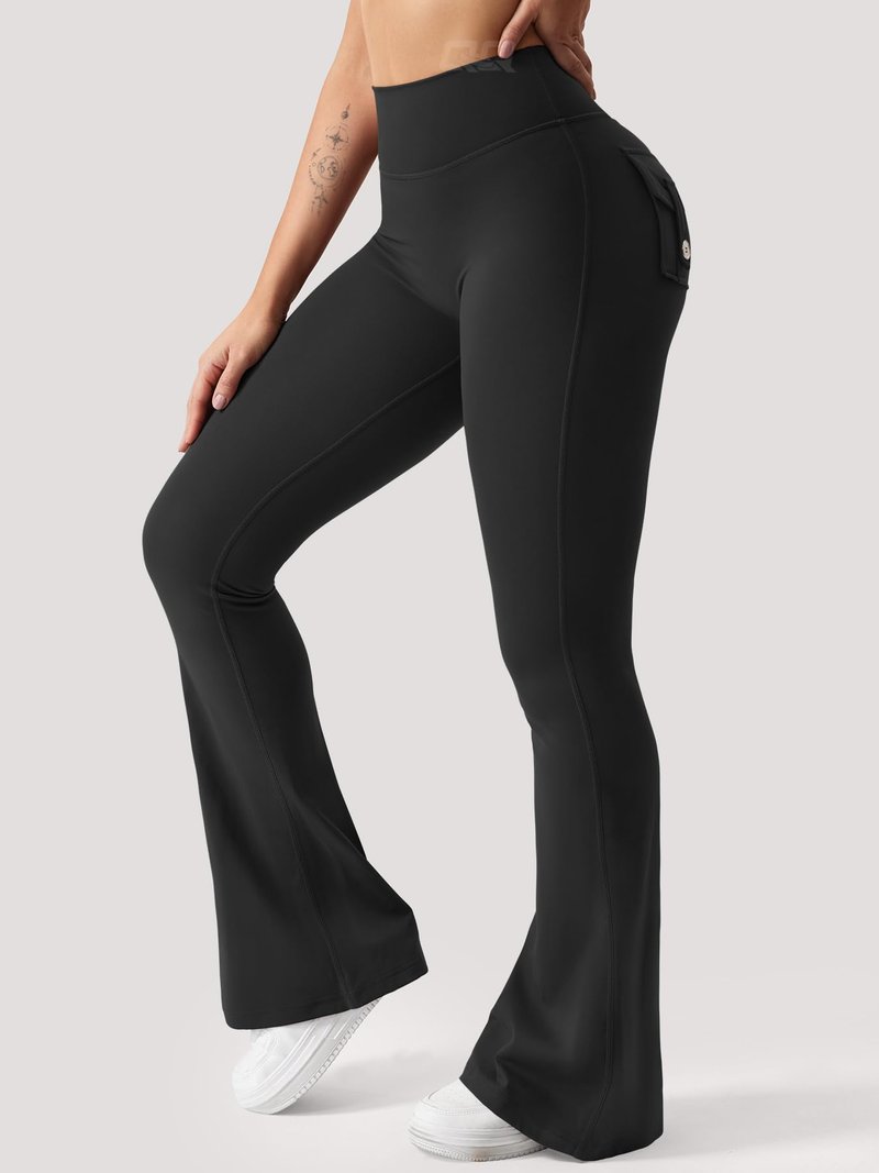 QOQ Flare Leggings with Pockets for Women Workout Scrunch Flare Leggings Tummy Control Gym Yoga Pants Wide Leg Black L