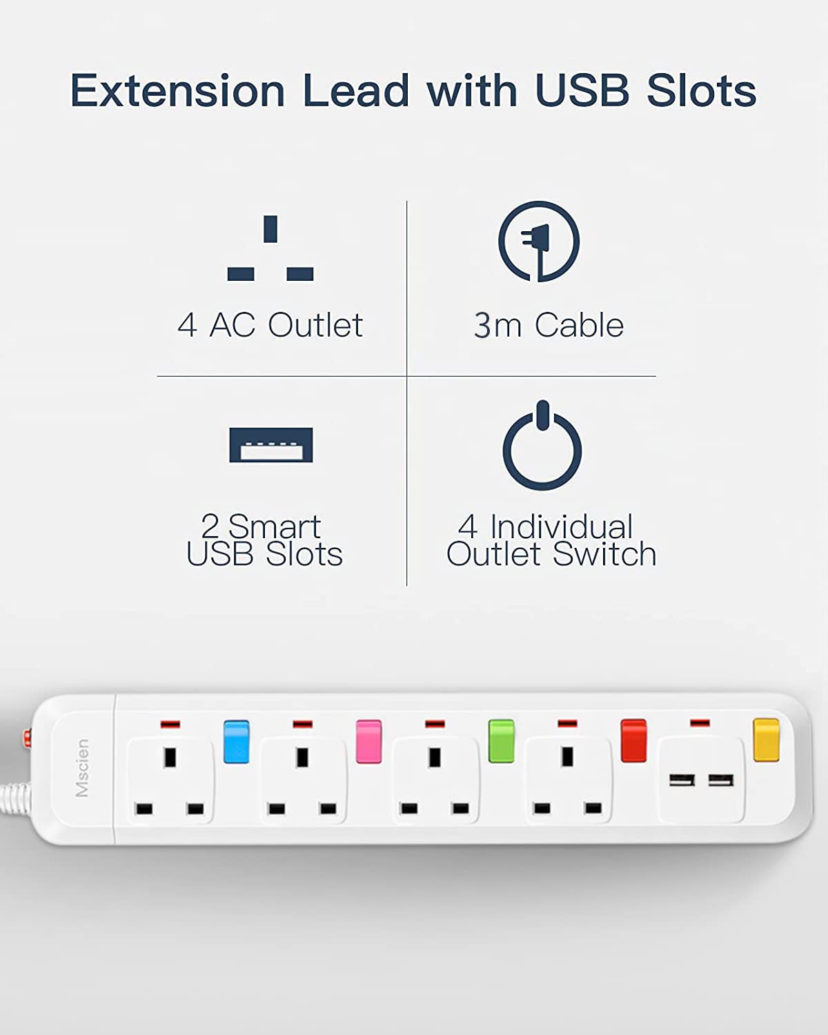 Extension Lead with USB Slots 3M,Mscien 4 Way Sockets Individually Switched Power Extension with Surge Protection, Overload Protecton,Cicurit protection,Wall Mountable Extension Cord