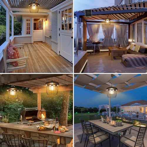 Solar Shed Lights with 2 Motion Sensors, Classic Metal Solar Chandelier Outdoor with 5 Lighting Modes, Waterproof Pendant Lamp with Remote Control for Gazebo, Garden, Patio, Barn(16.4FT Cord, 2 Pack)