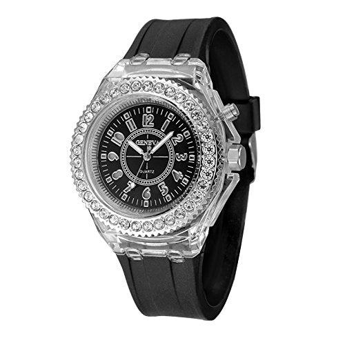 FANMIS Unisex Sports Rhinestone LED Flashing Light up Color Changing Silicone Jelly Watch Black