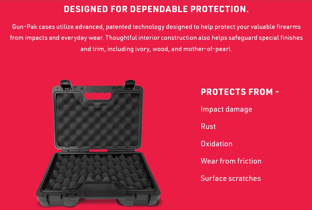 PAK Gun 13-inch Hard Gun Case for Pistols – Weather-Resistant HDPE Shell – Lockable Tabs – Protective Foam – 13.5 x 10 x 3.5 in – Made in USA