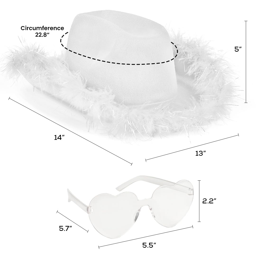 Funcredible White Cowboy Hat and Glasses - Light Up Cowgirl Hat for Girls - Cowboy Hats with Feathers - Taylor Costume - Halloween Hats for Women