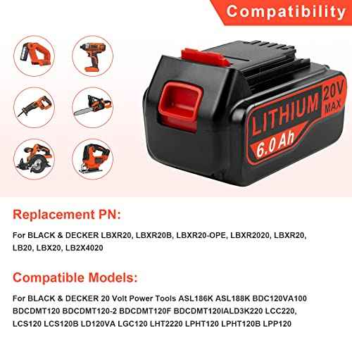 ARyee LB2X4020 6.0Ah 20V Lithium Battery for Black and Decker 20Volt Max LBXR20 LB20 LBX20 LBXR2020 LBX4020 LB2X4020-OPE LBXR20-OPE LBX4020 LST220 Cordless Power Drill Tools (2pcs 20V 6Ah Battery)