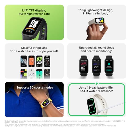 XIAOMI Smart Band 9 Active, Sports fitness tracker, 1.47'' TFT display, 60Hz high refresh rate, 18 Days Battery Life, sleep and health monitoring, 50 sports modes, 5ATM, iOS & Android - Black