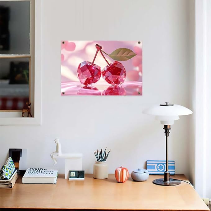 Yesad Cherries Art Print, Kitchen Wall Art Pictures Poster Pink Wall Décor for Dorm Living Room Bedroom Cabin Kitchen Wall Décor Fruits Wall Art (Unframed,30”x20”, Cherry)