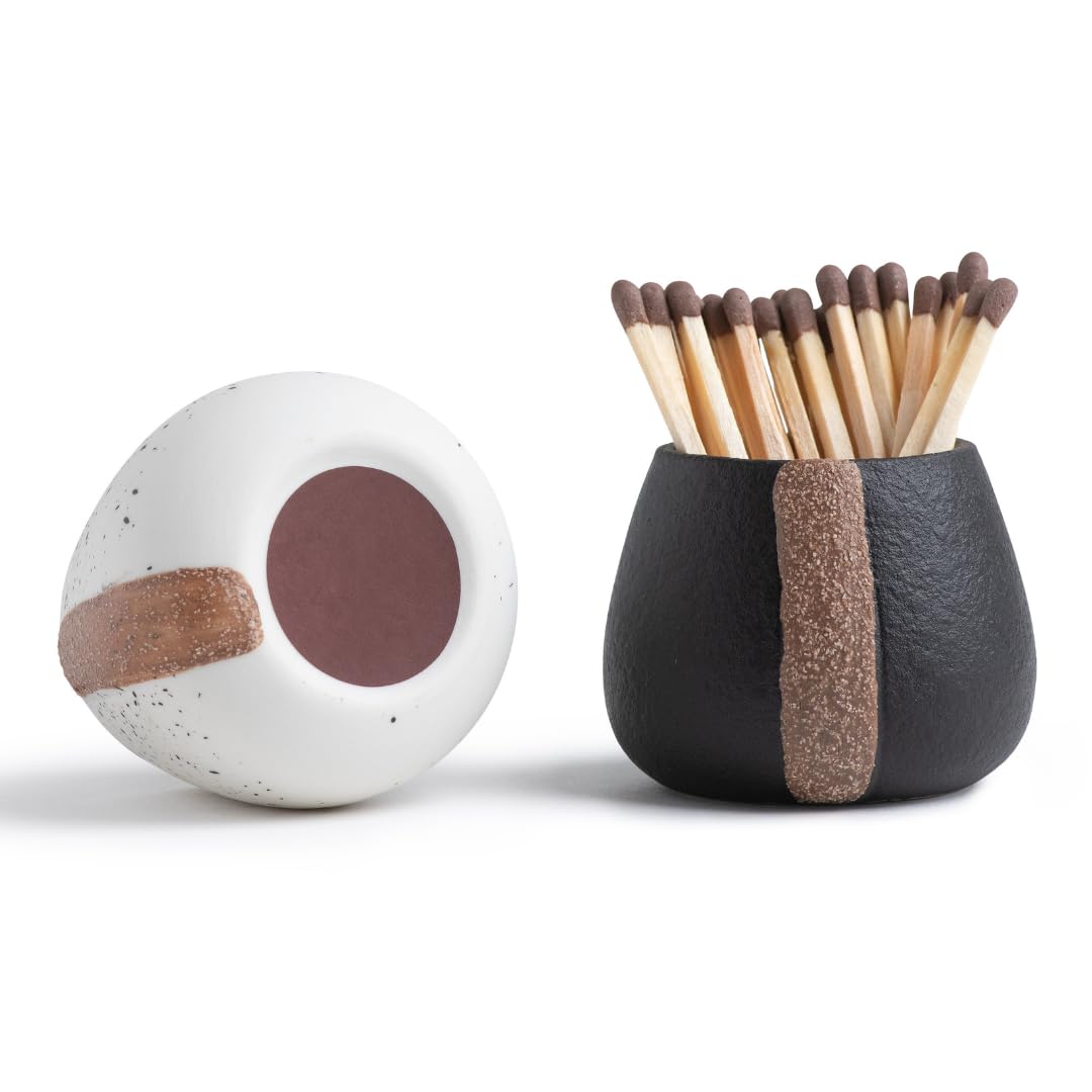 Ceramic Match Holders with Striker - Set of 2 - Decorative Modern Home Decor Gifts - Mantel Decorations - Matches NOT included