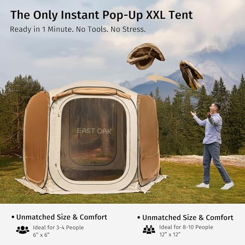 East Oak 12ร12 FT Pop Up Canopy Tent with Mesh | Outdoor Screen House with 4 Sunshades | Instant Canopy with Portable Carry Bag | Gazebo Tent for Camping, Patio, and Beach | Beige