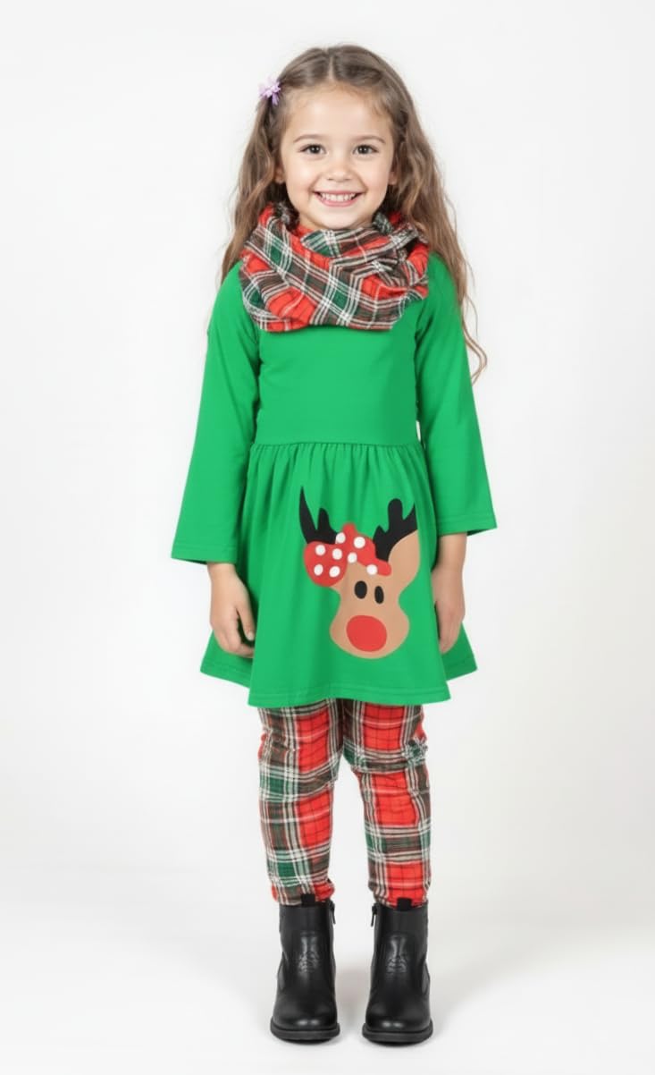 Unique Baby Girls 3 Piece Christmas Reindeer Legging Set Outfit (4 Years, Green)