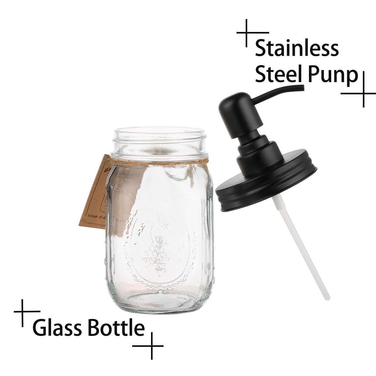Plomkeest 16oz Mason Jar Soap Dispenser Clear Glass Jar with Rust Proof Stainless Steel Pump Liquid Soap Dispenser for Bathroom,KitchenDecor Great for Lotions, Liquid Soaps(Black