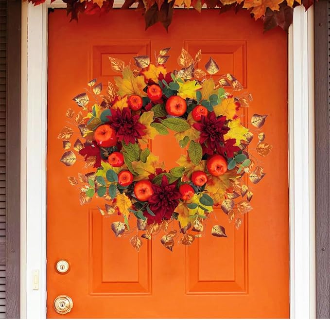 22 Inch Fall Wreath for Front Door, Thanksgiving Artificial Autumn Apple Wreath with Maple Leaves Dahlia Hydrangea for Farmhouse Home Window Wall Office Wedding Indoor Outdoor Decorations