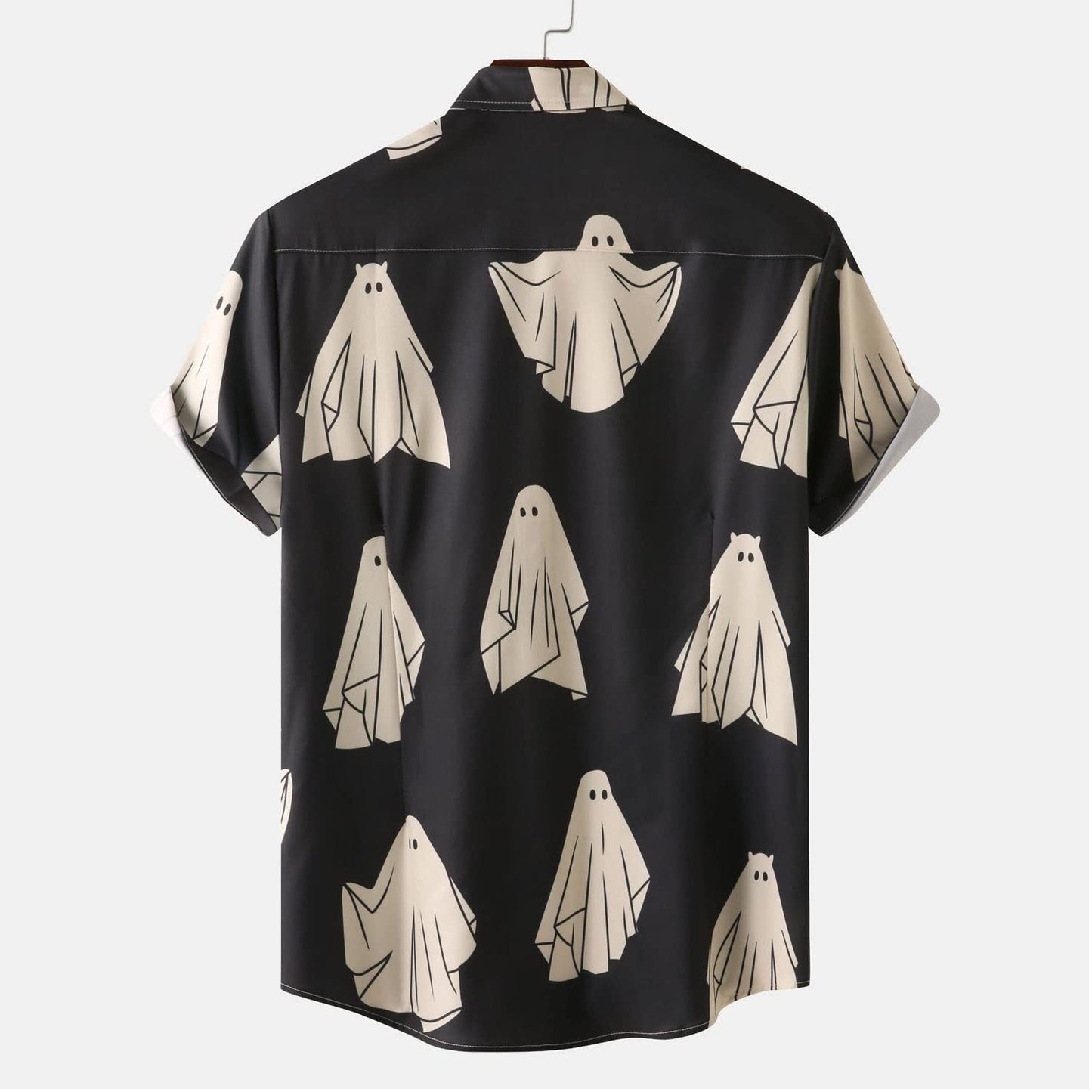 Size L Black Ghost Ghost Halloween Shirt Men Fun Pumpkins Skull Short Sleeve Button Down Hawaiian Holiday Shirts