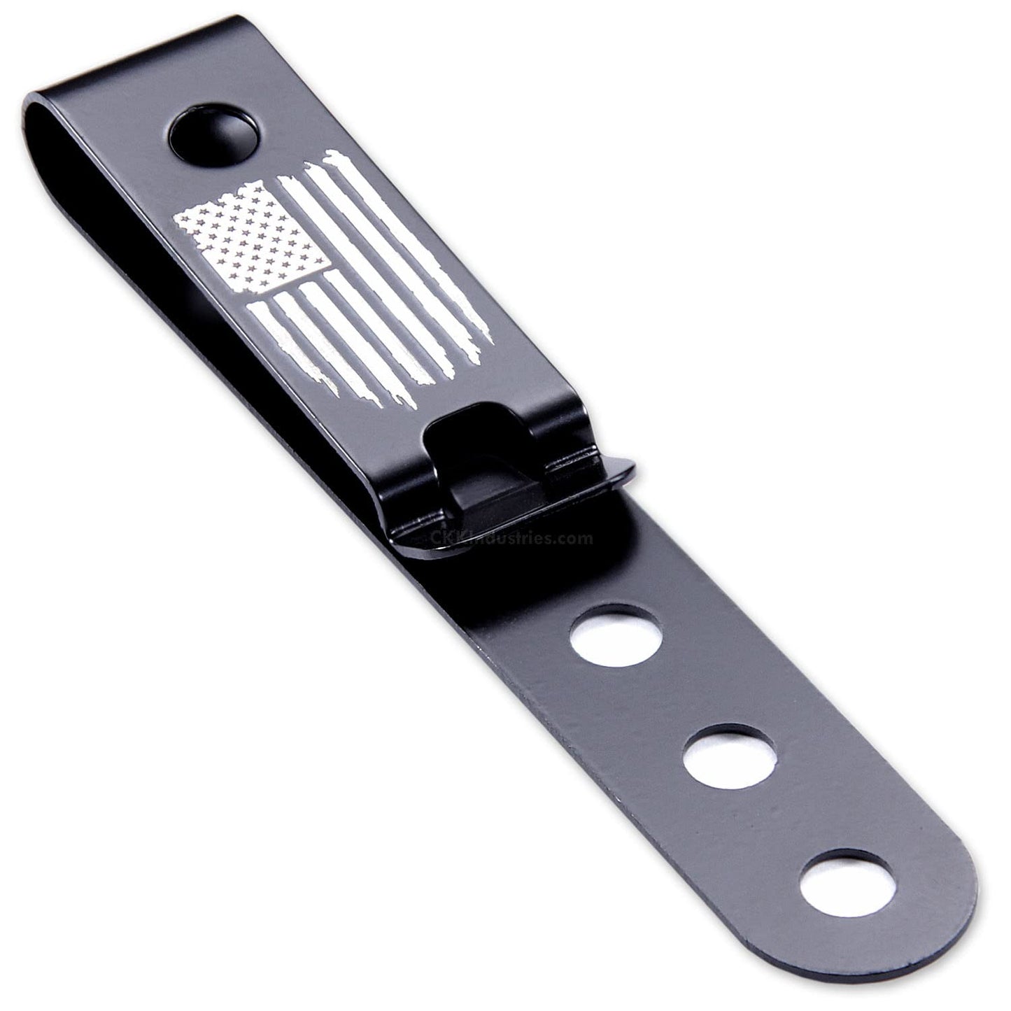 HolsterSmith Universal Metal Belt Clip for Holster Making - (Model 5) - (3-Hole) - (Tactical Black) - (w/USA Flag - Distressed Engraving) - (1 Pack)