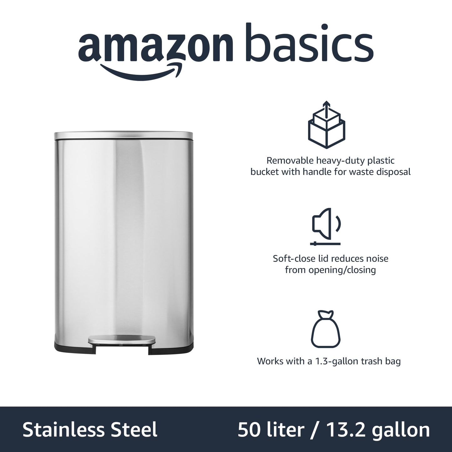 Amazon Basics Smudge Resistant Rectangular Trash Can With Soft-Close Foot Pedal, Brushed Stainless Steel, 50 Liter/13.2 Gallon, Satin Nickel Finish, 16.7"L x 14.7"W x 25.9"H