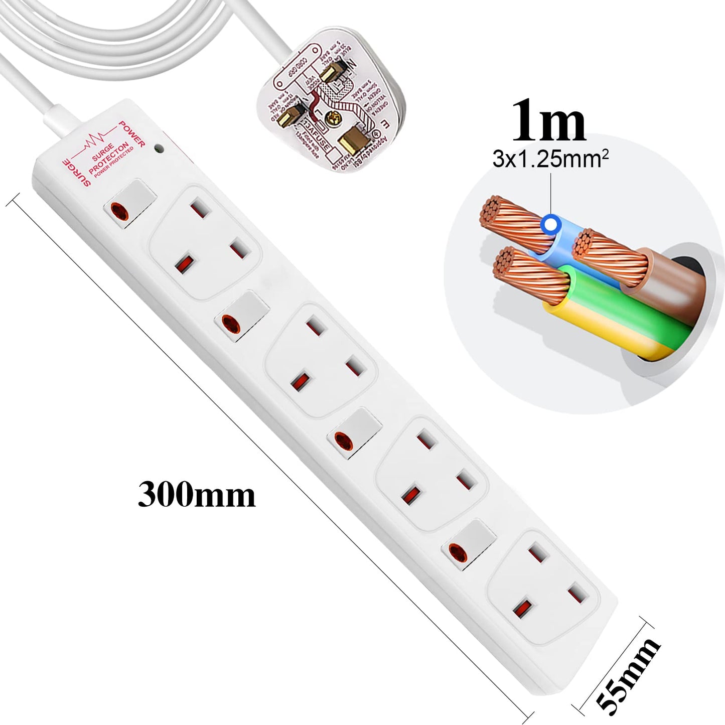 ExtraStar Extension Lead Surge Protection 4 Way Outlets, 13A Power Strip Wall Mounted with Individual Switches, Multi Socket Extension Cable UK Plug for Home and Office (1M, White)
