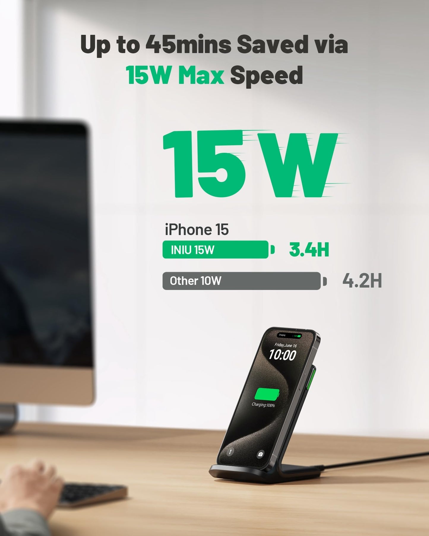 INIU Wireless Charger Stand, 15W Qi Fast Charging Dock Phone Charger, Adaptive LED Wireless Charging Station for iPhone 17 16 15 14 13 12 11 9 8 XR, Samsung S23 S22 S21, LG V40 G8, Pixel 8 7 6 etc.