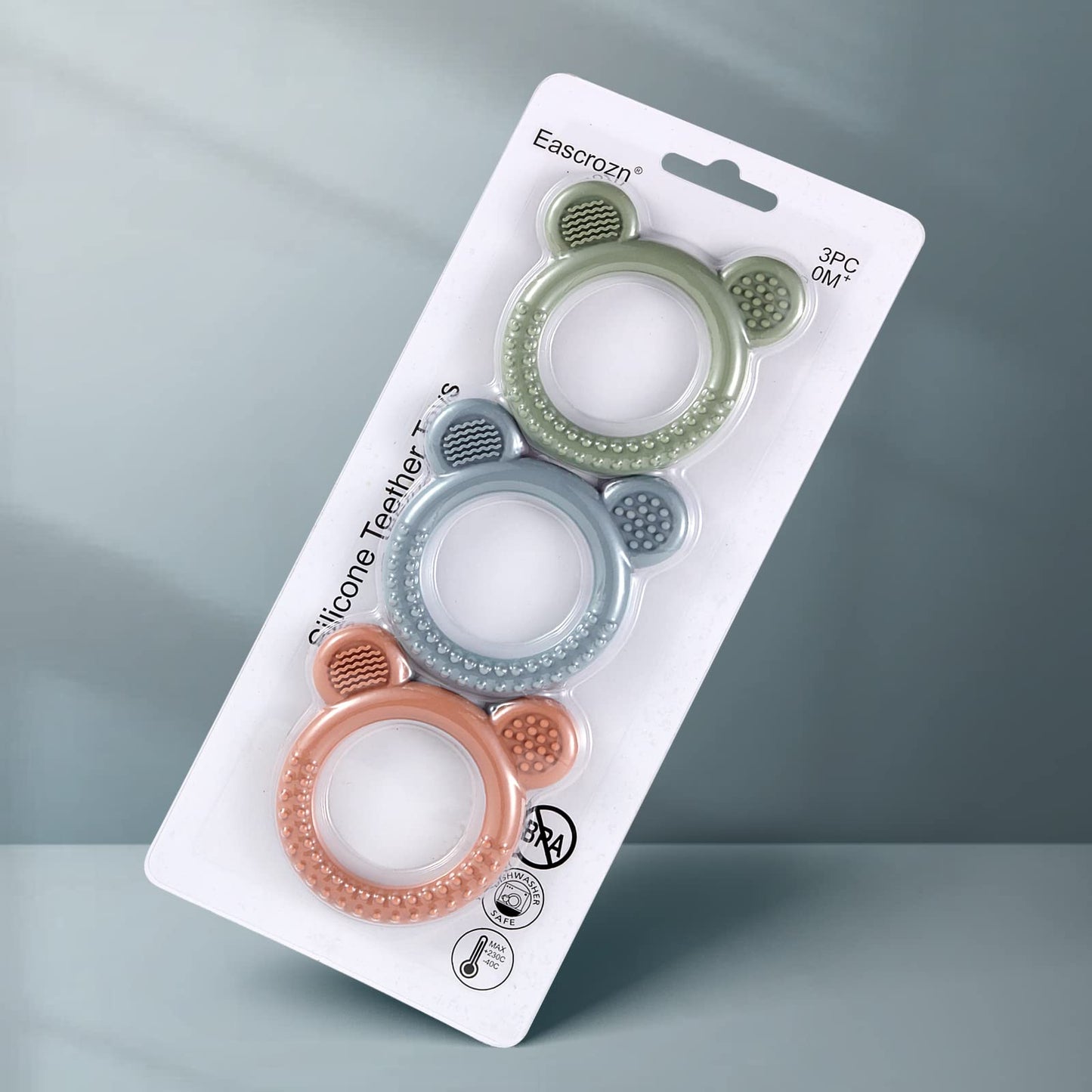 Eascrozn Baby Teething Toys Set of 3, Teethers for Babies 3-6 6-12 Months, BPA Free Soft and Textured Bear Teething Rings Silicone Teething Relief Soothing Sore Gums Baby Chew Toys