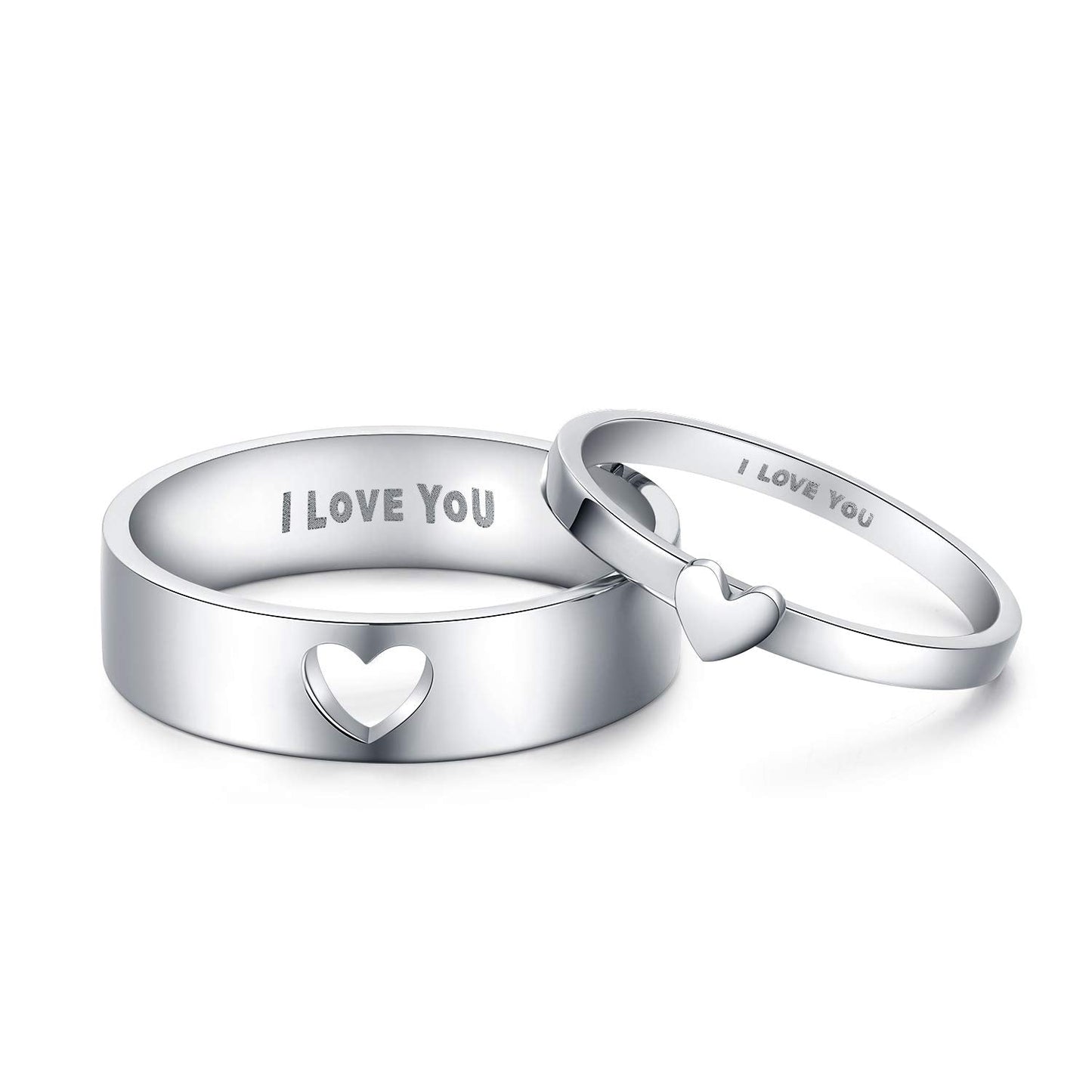 LAVUMO Matching Heart Promise Rings for Couples I Love You Engagement Wedding Ring Band Sets for Him and Her Stainless Steel High Polished Comfort Fit (Men Size 10 & Women Size 7)