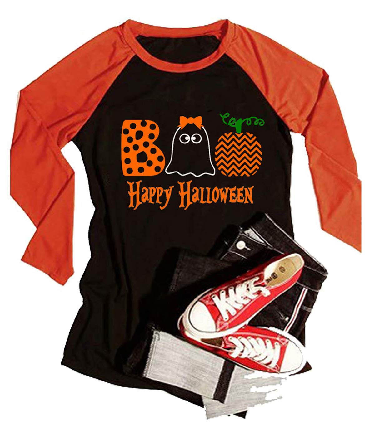 Boo Halloween Shirts for Women Happy Halloween Cute Pumpkin Graphic Funny Long Sleeve Top (Large, Black1)