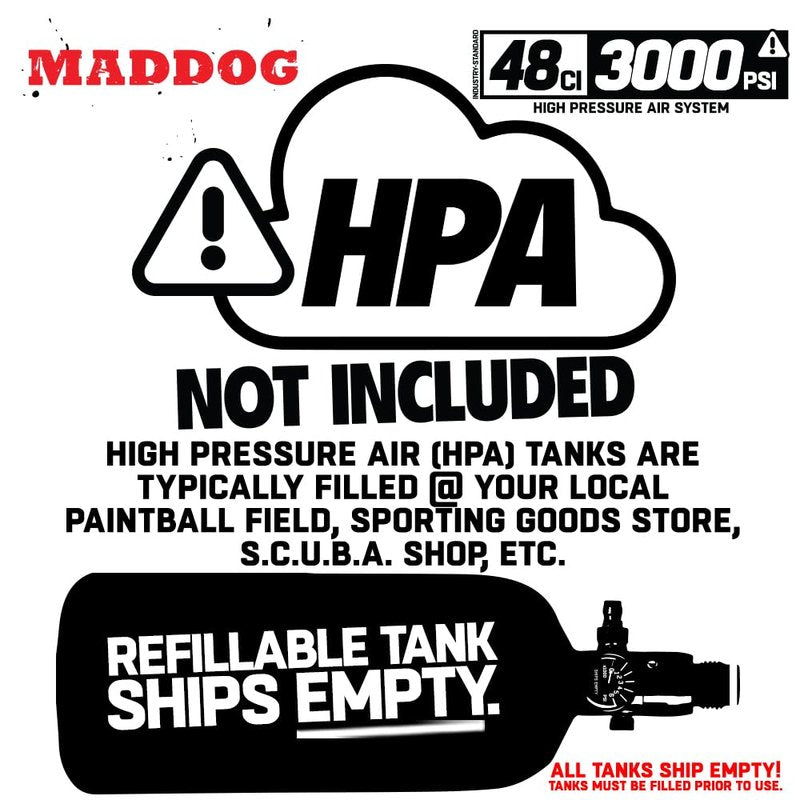 Maddog 48/3000 Aluminum Compressed Air HPA Paintball Tank with Regulator - Airgun Airsoft PCP - Fresh Hydro Date - Ships Empty - Single - Refillable