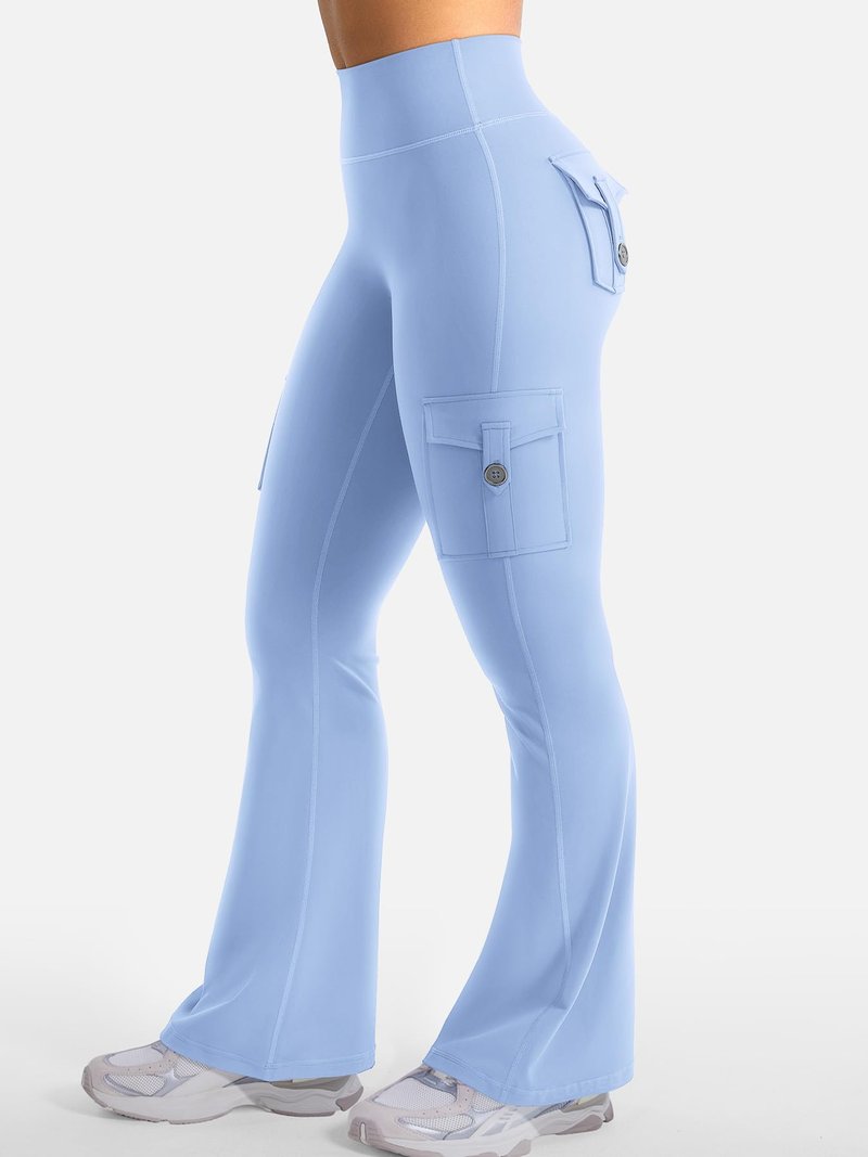 YEOREO CoreFlex Women Workout Flare Leggings with Pockets Hidden Scrunch High Waisted Cargo Gym Yoga No Front Seam Leggings Light Blue XL