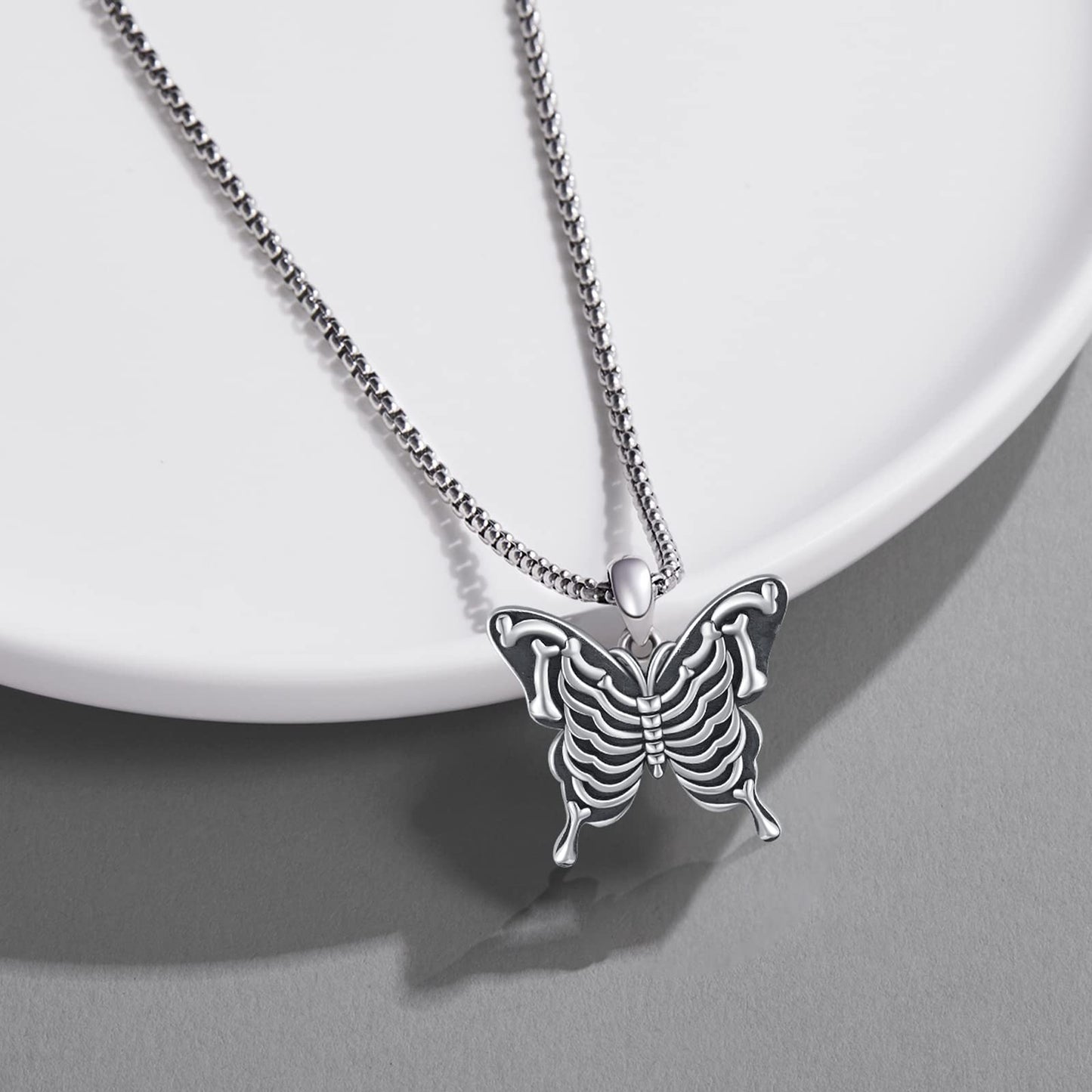 CUOKA MIRACLE Skull Butterfly Necklaces 925 Sterling Silver Gothic Jewelry Butterfly Necklace for Women Skull Butterfly Pendants Necklace Fashion Goth Necklace Halloween Jewelry Gift Hypoallergenic