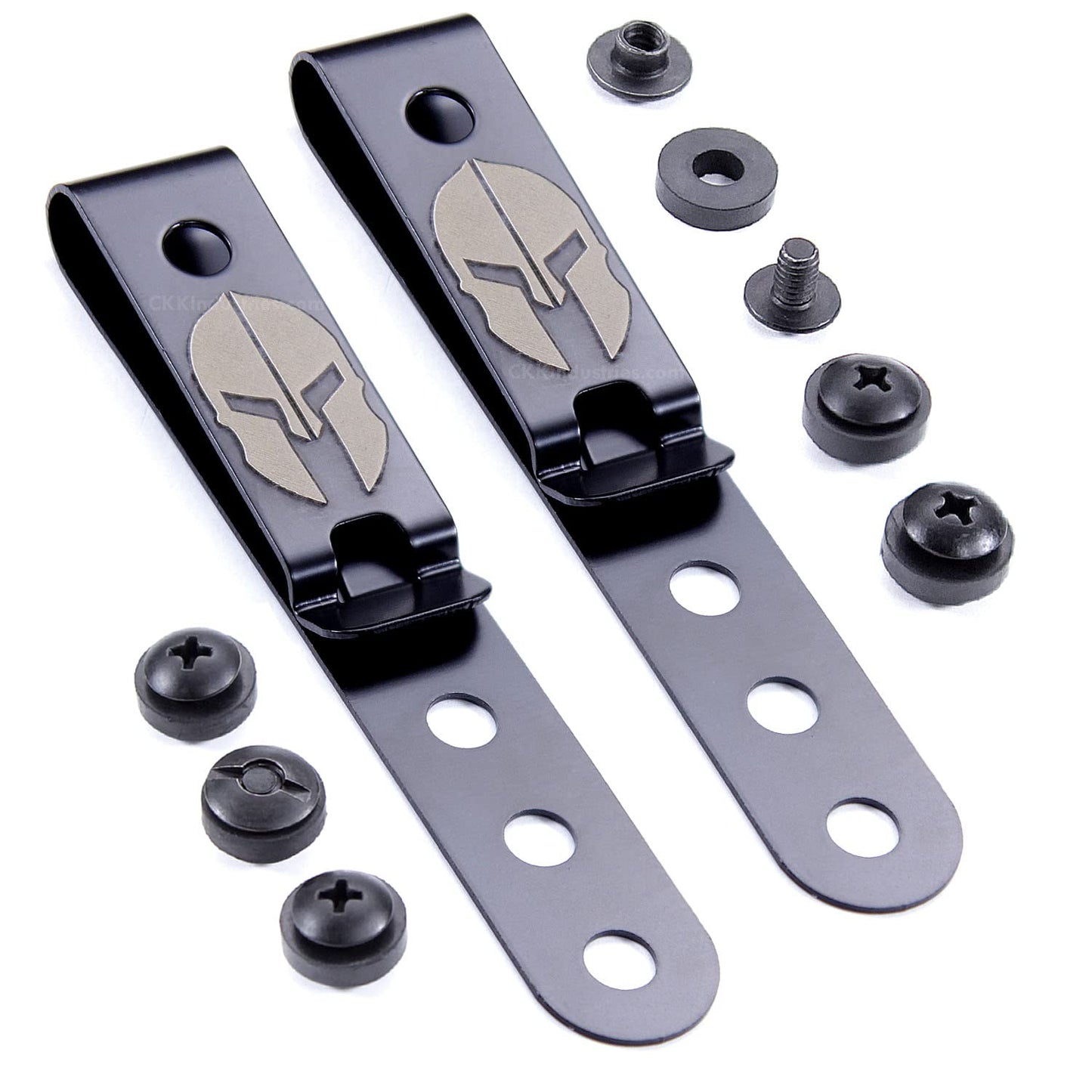 HolsterSmith Universal Metal Belt Clip for Holster Making - (Model 5) - (3-Hole) - (Tactical Black) - (w/Spartan Helmet Engraving) - (w/Mounting Hardware) - (2 Pack)