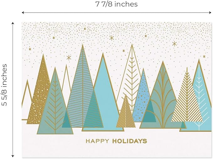 Masterpiece Contemporary Trees Gold Foil Holiday Cards / 15 Boxed Modern Christmas Cards With Shiny Foil Lined Envelopes / 5 5/8" x 7 7/8" Folded Winter Greeting Cards With Inside Verse