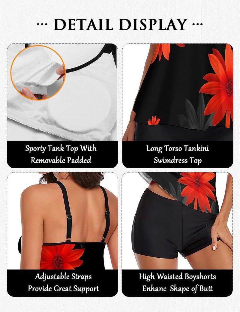 Women’s Plus Size Two-Piece Tankini Swimsuit - Tummy Control Long Torso Top & High-Waisted Boyshorts