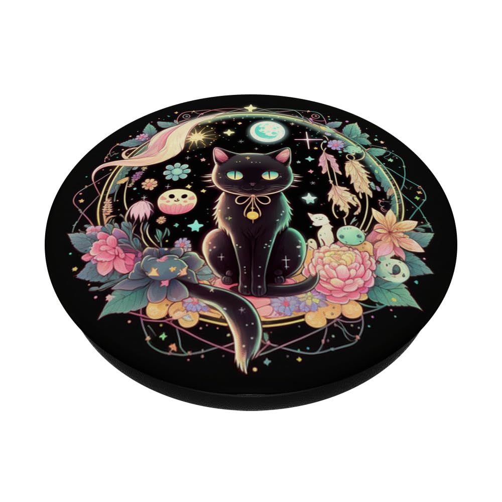 Moon Phases Crystal Witchy Cute Black Cat Kawaii Pastel Goth PopSockets Adhesive PopGrip