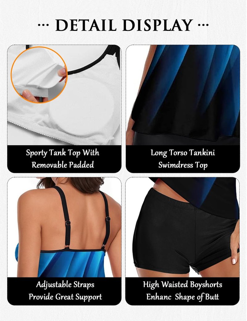 Stylish Swim Suits for Women Slimming Tankini Set Adjustable Straps 2 Piece Swimwear Tropical Hawaii Beach Pool Party Photoshoot Flattering Hides Belly Perfect for Vacation Blue Gradient XXL