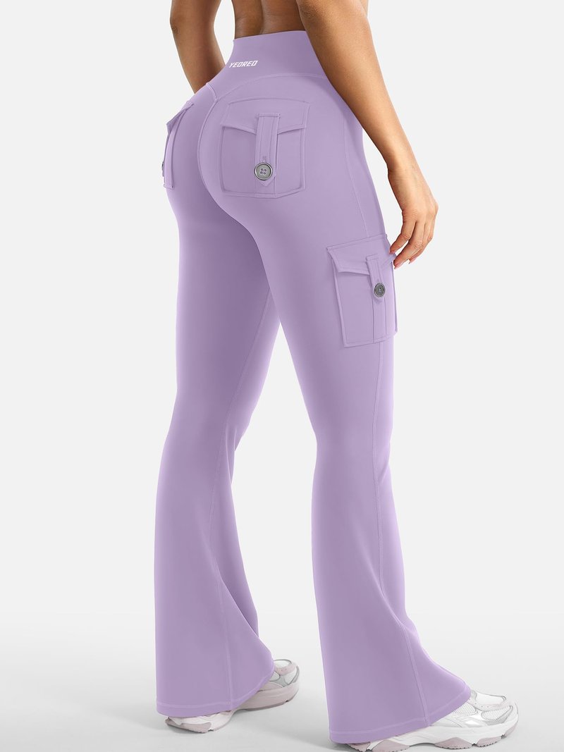 YEOREO CoreFlex Women Workout Flare Leggings with Pockets Hidden Scrunch High Waisted Cargo Gym Yoga Leggings Fog Purple XXL