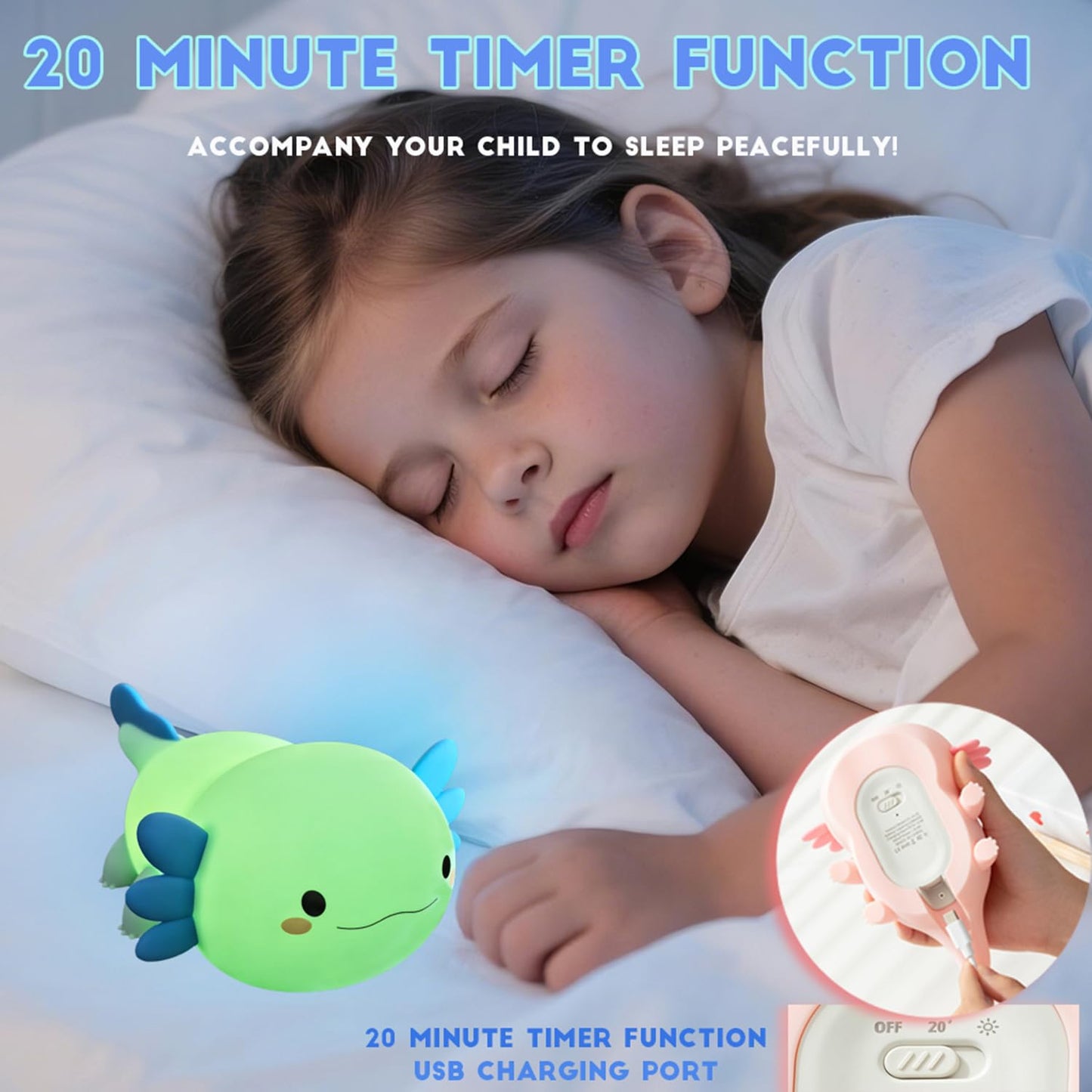DREAMING MY DREAM Axolotl Night Light for Kids,Cute Axolotl Gifts lamp Rechargeable Light Table Bedside Lamp,LED Animal Silicone Nursery Night Lamp Cute Room Decor for Kids Girls Boys