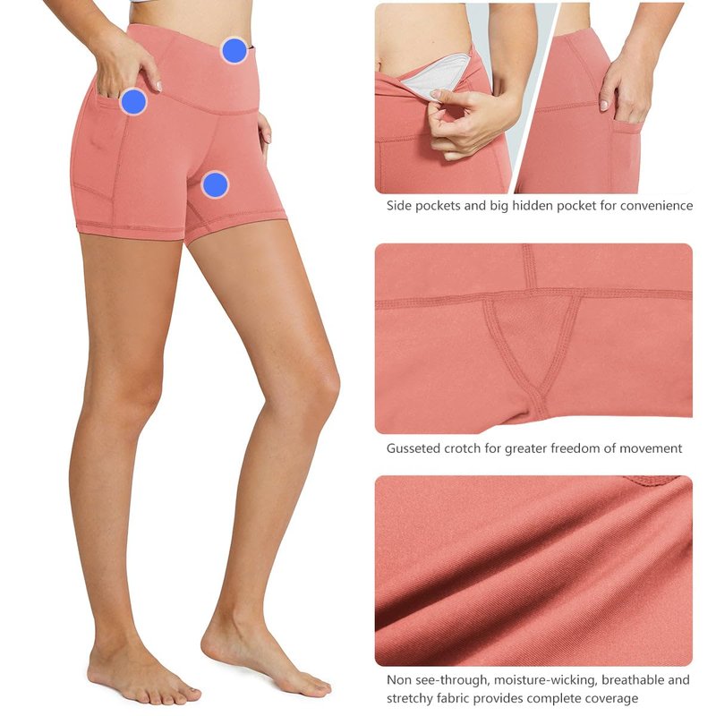 baleaf Biker Shorts Women Yoga Gym Workout Spandex Running Volleyball Tummy Control Compression with Pockets 5" Coral Pink L