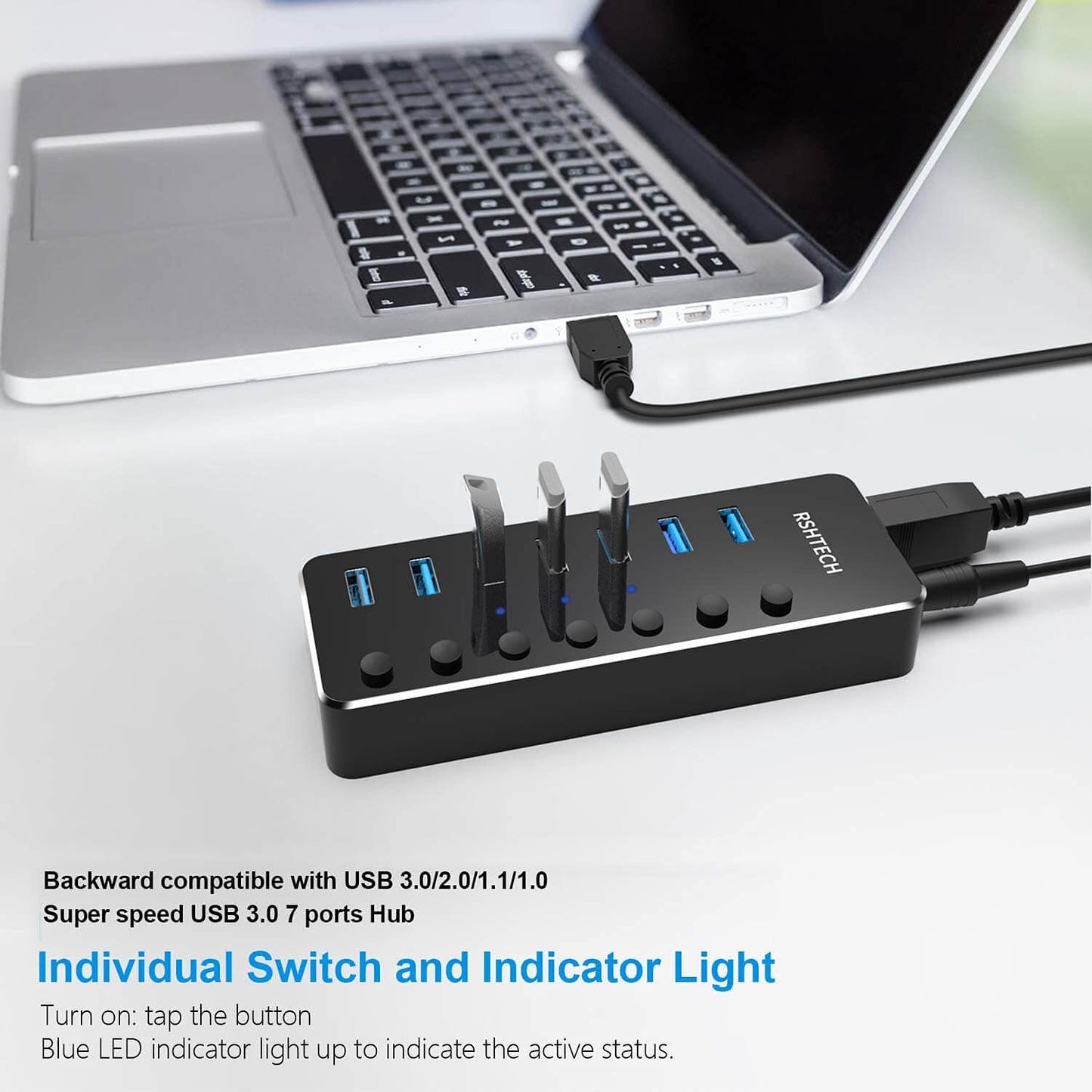 RSHTECH USB Hub Powered 7 Port USB 3.0 Data Hub Aluminum USB Extension Splitter with Individual On/Off Switch Universal AC to DC 5V Power Adapter (RSH-518)