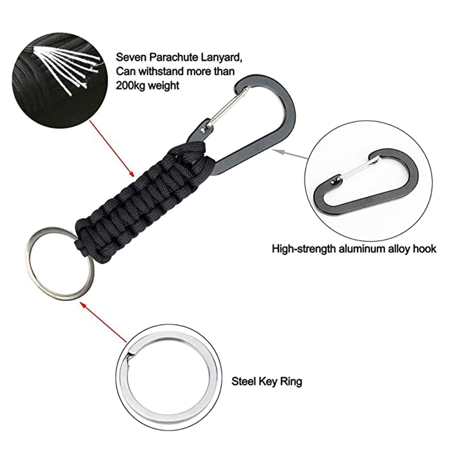 BRAVESHINE Keychain Hook with Paracord Strap 2 Pack Black Metal Key Ring Carabiner Hanger Para Cord D Locking Keyring Clip for Keys, Backpacks, Boys, Girls, Men, Women, Camping, Hiking, Travailing