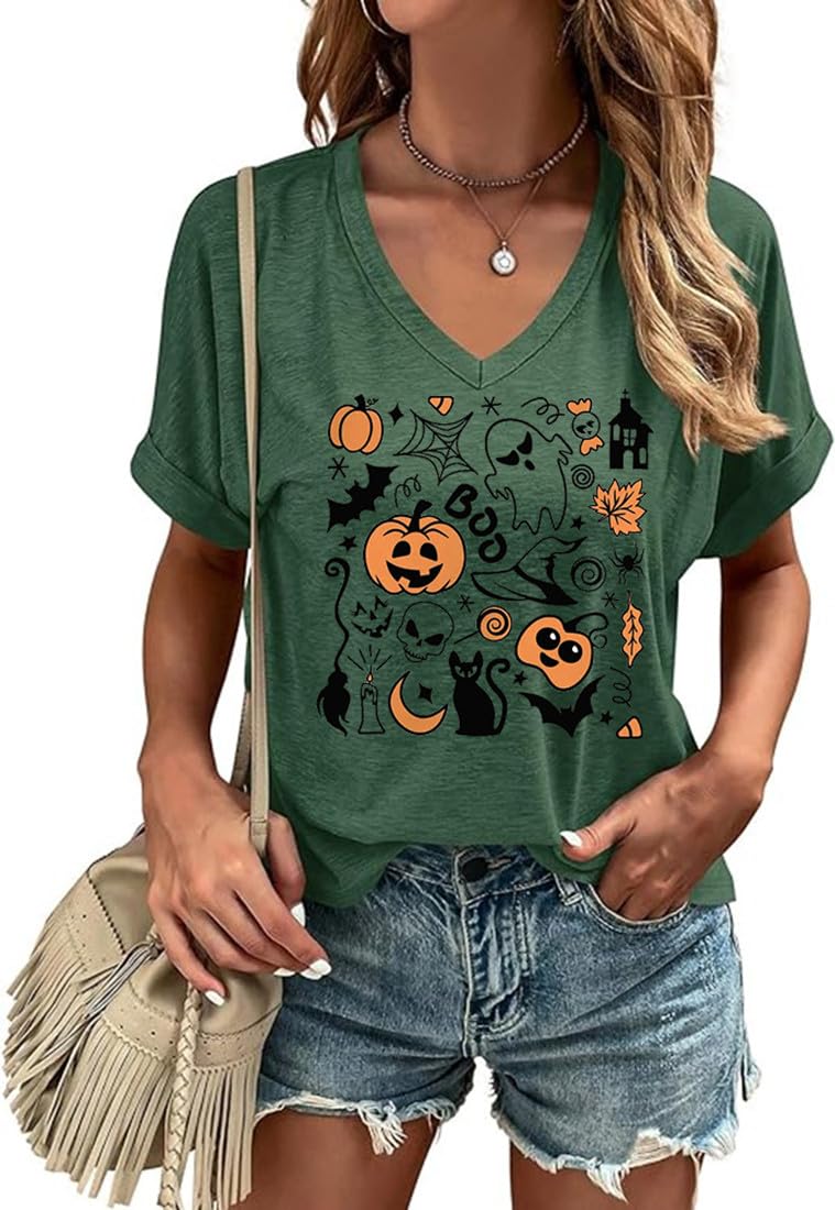 Fall V Neck Shirt Funny Halloween Jack O Lantern Pumpkin Short Sleeve Tee Family Match Spooky Season Tops(XL,01-Green)