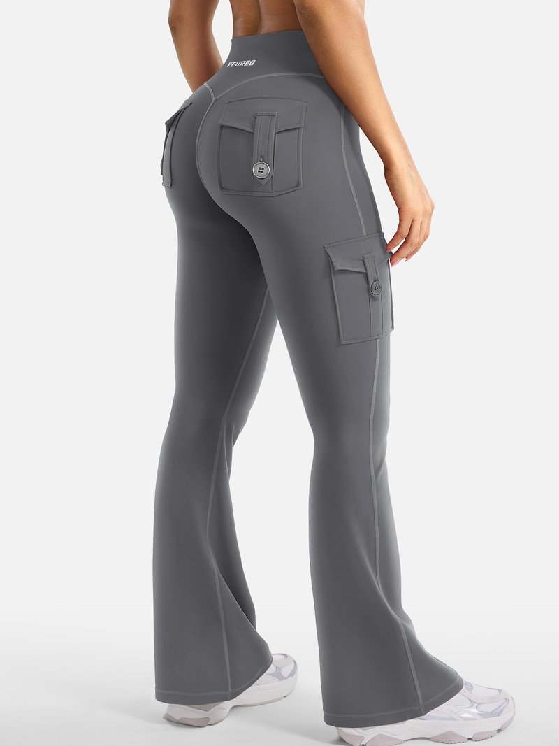 YEOREO CoreFlex Women Workout Flare Leggings with Pockets Hidden Scrunch High Waisted Cargo Gym Yoga No Front Seam Leggings Grey S