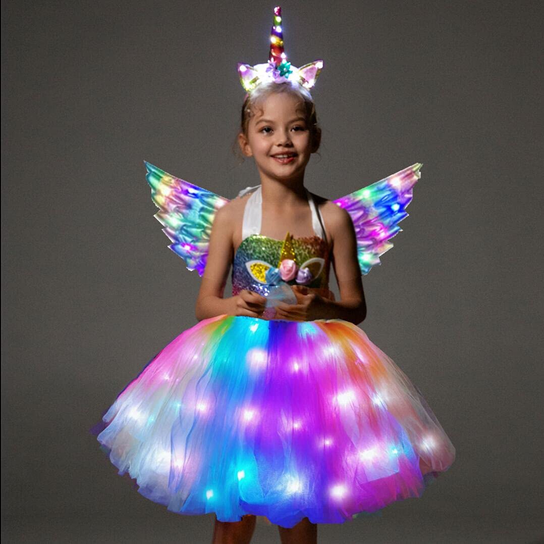 SHINYOU Girls Unicorn Costume Rainbow Unicorn Dress LED Light Up Unicorn Tutu with LED Wing for Halloween Birthday Gift DeepRainbow+Wing 3-4Y¡