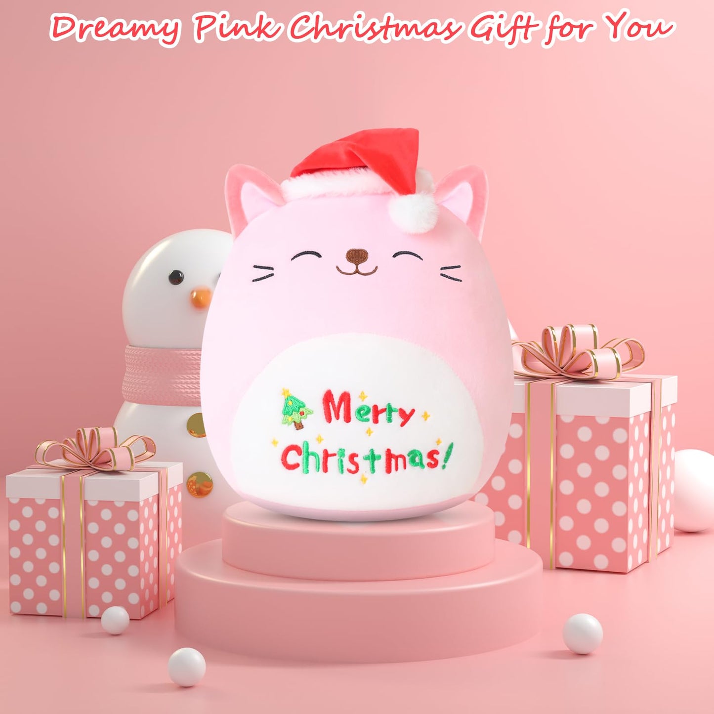 SQEQE Christmas Cat Stuffed Animal Pink Cat Plush Wearing Red Hat Kawaii Plushie Toys Soft Home Plushie Decoration Gifts for Boys Girls (Caticorn, 10 Inch)