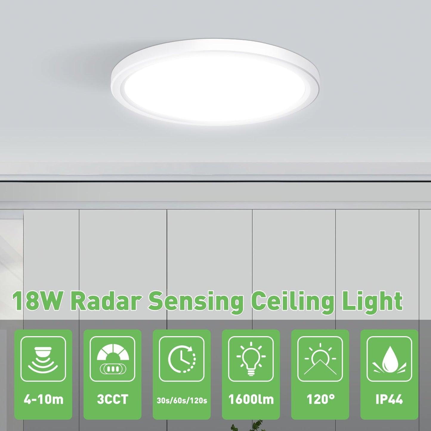ALUSSO LED Ceiling Light Radar Motion Sensor, 18W Ceiling Lights 3CCT 3000K 4000K 6500K 1600LM, IP44 Waterproof Bathroom Ceiling Light for Toilet Stair Loft Porch Bath Attic Garage, Ø22cm