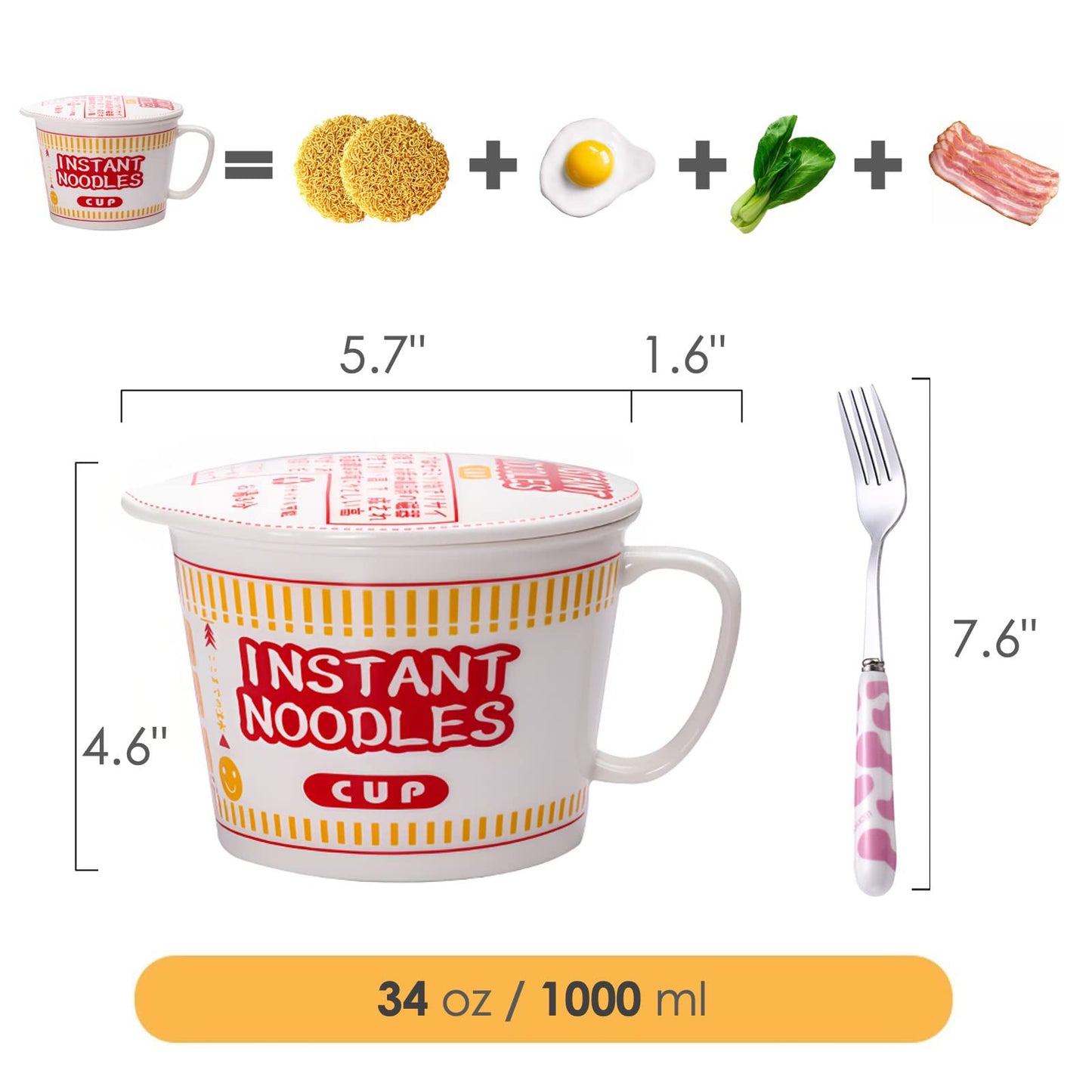 ECTbicyk 34 OZ Ceramic Ramen Bowl with Lid Instant Ramen Noodle Bowl Large Soup Bowl with Handle, Ramen bowl with Fork, Red