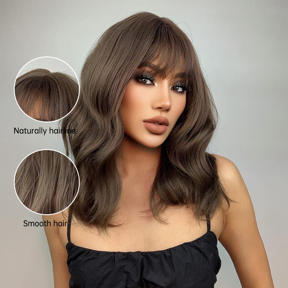 EMMOR Long Wavy Brown Wig for Women, Synthetic Wigs Made of Natural Wavy Hair with Fringe, Parties, Cosplay, Daily Use, incl. 2 Wig Caps