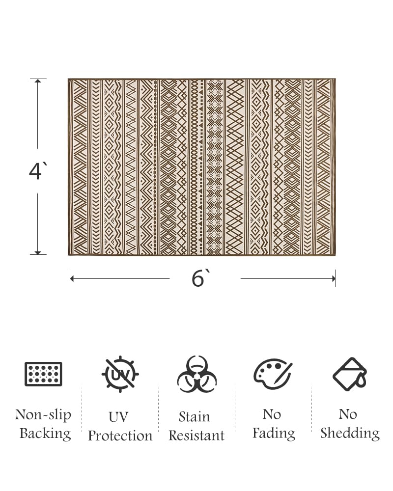 Outdoor Rug Carpet 4x6 ft, Flatweave Textured Outdoor Patio Rug Non Slip Indoor Outdoor Rugs with Rubber Particles Backing Boho Outdoor Area Rug for Patio Deck Front Porch Backyard Balcony, Brown