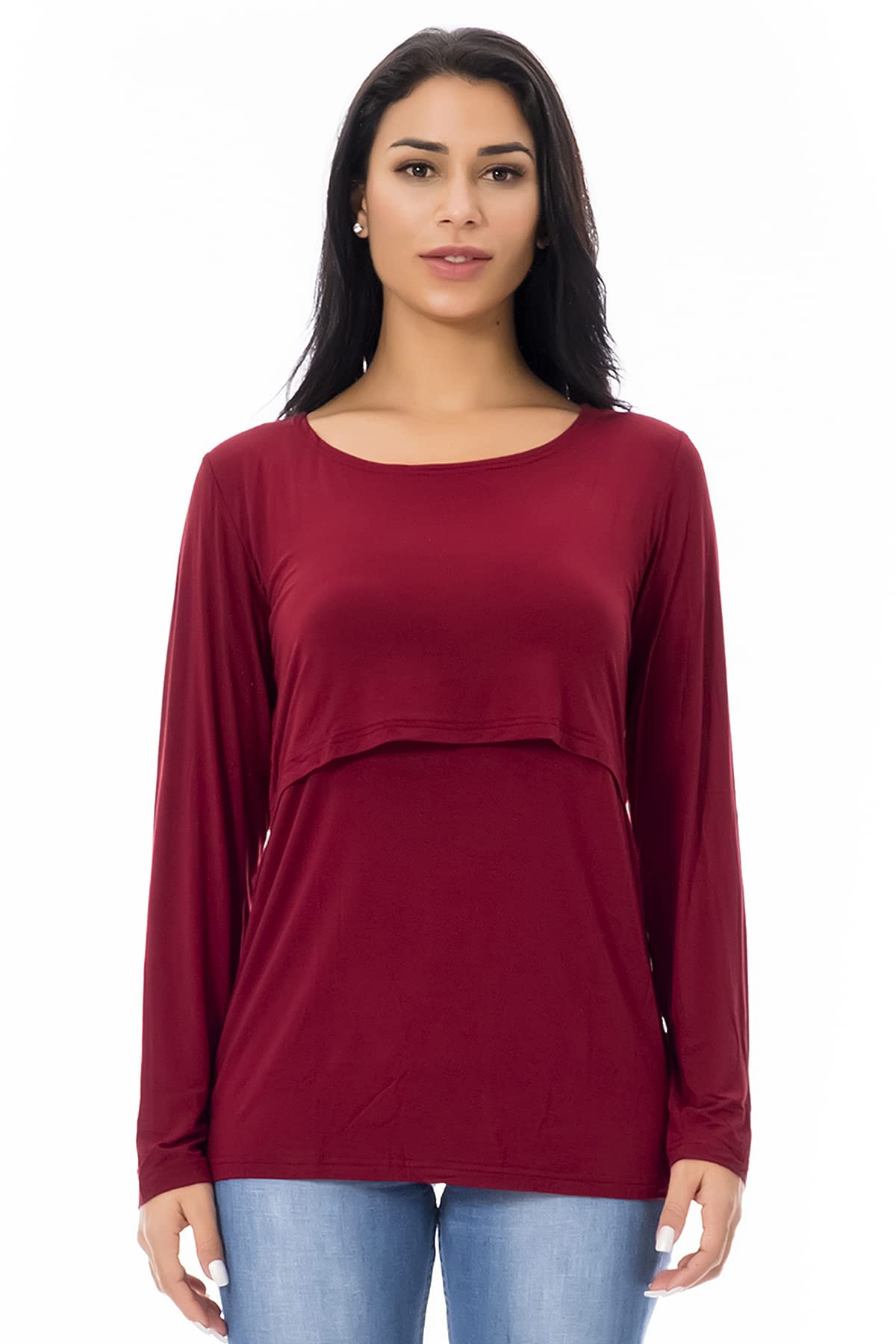 Smallshow Nursing Tops Women's Maternity Long Sleeve Breastfeeding Shirts,Wine/Deep Green/Black,M