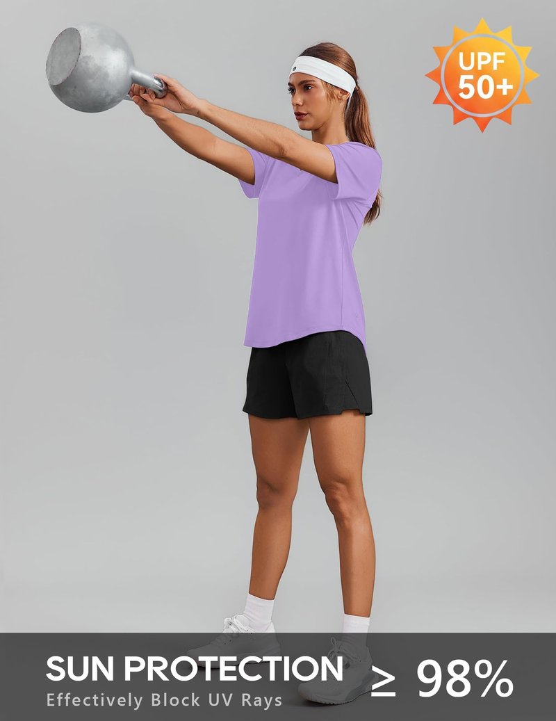 PINSPARK Hiking Shirts for Women UPF 50 Sun Protection Short Sleeve V Neck Moisture Wicking Quick Dry Outdoor Athletic Tops,Lavender XX-Large